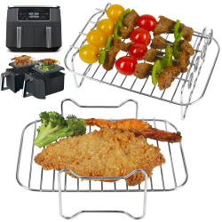BYKITCHEN Heißluftfritteuse Grillrost für Ninja AF300EU AF400EU, 2 Stück Luftfritteusenständer mit 4 Spießen, Air Fryer Zubehör für Ninja/Ultenic/Innsky/Devology 2 Frittierfächern 9L Heißluftfritteuse L*B*H 20cm*13.4cm*8cm en 20cm*13cm*7cm Angebot bei HelloDeals
