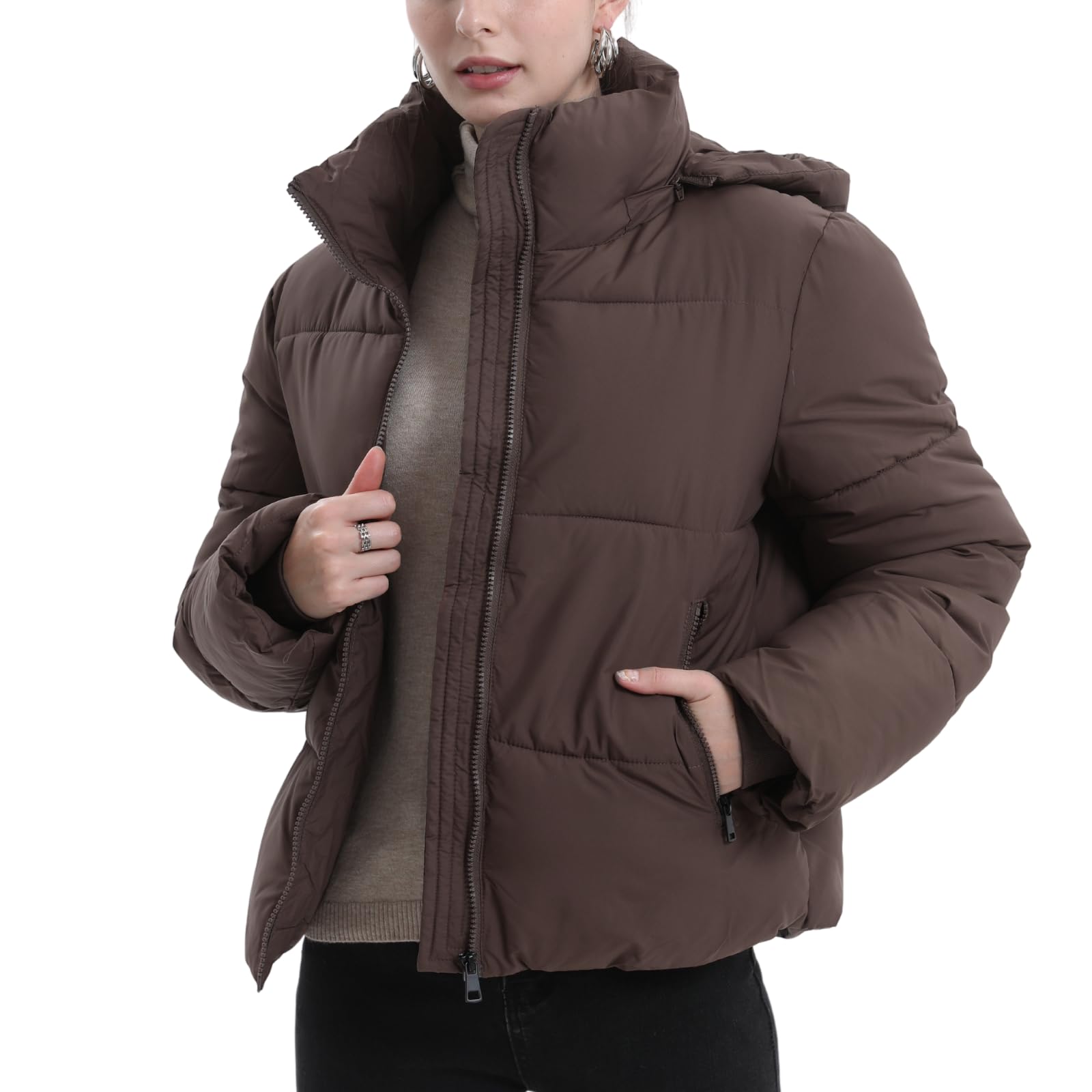 PUFFIT Damen Winter Jacke mit Kapuze Warmer Wasserdicht Winterjacke Steppmantel Female Jacken Braun S Angebot bei HelloDeals
