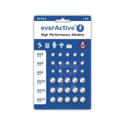 everActive Set 10x AG3, 5X AG4, 5X AG 10, 10x AG13 1.5V, 30 x Batterien, Knopfbatterien, Alkaline, Mini, 3 Jahre Haltbarkeit, 30 Stück – 1 Blisterkarte Angebot bei HelloDeals