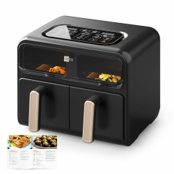aeco FryQ ELITE Duo XL8 Heißluftfritteuse2 Kammern | Dual Zone Airfryer 8L gesamt | Mit Sichtfenster, 2400W Sync-Funktion & Touch-Display | Zum Braten, Backen, Grillen | Ideal für Familie & Meal Prep Angebot bei HelloDeals