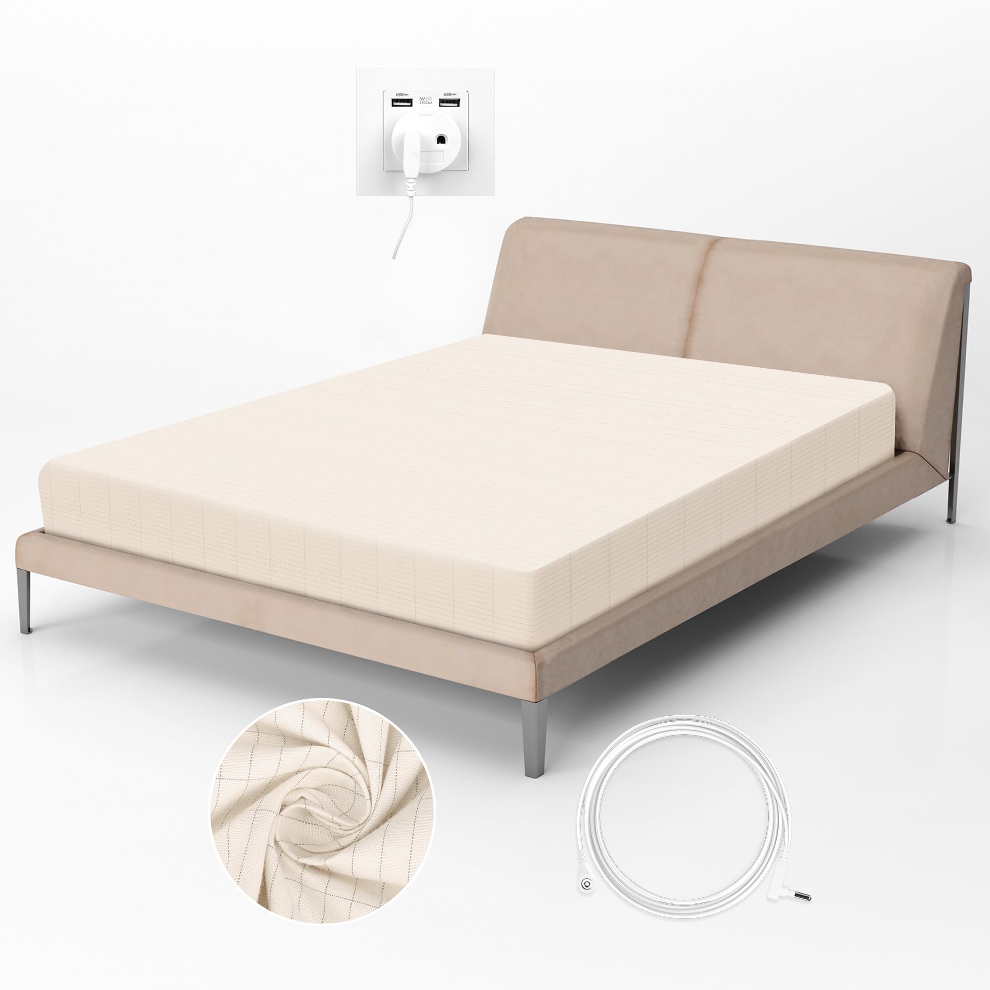 RIQINXIN Erdungsbettbezug Erdungspannbetttuch Set mit 4,6 m Erdungskabel Erdungsspannbettlaken für Besseren Schlaf 150x200x33cm Beige 150X200CM Angebot bei HelloDeals