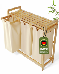 Wäschekorb 3 Fächer Beige – Wäschesammler mit Ablage, 90L – Bambus Wäschesortierer & Schmutzwäschebehälter – Praktisches Wäsche Sortiersystem aus Holz mit Deckel - zum Sortieren und Trennen der Wäsche Angebot bei HelloDeals