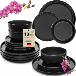 SÄNGER Madeira | Steingut Geschirr Set 18 tlg, Teller Set 6 Personen, Geschirrset 6x Speiseteller 6x Müslischalen 6x Dessertteller, Tafelservice schwarz kratzfest, Essgeschirr matt | VALUE COLLECTION Tafelservice 18 Tlg. Angebot bei HelloDeals