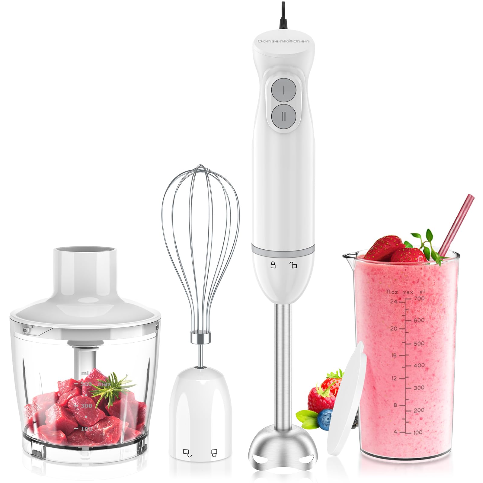 Bonsenkitchen Pürierstab, 1000W Edelstahl Elektrischer Stabmixer, 2 Geschwindigkeitsstufen, Stabmixer Set，mit Lebensmittelhacker, Messbecher und Schneebesen, für Babynahrung, Suppen, Smoothies, Weiß Stabmixer+Schneebesen+Zerkleinerer+Messbecher Angebot bei HelloDeals