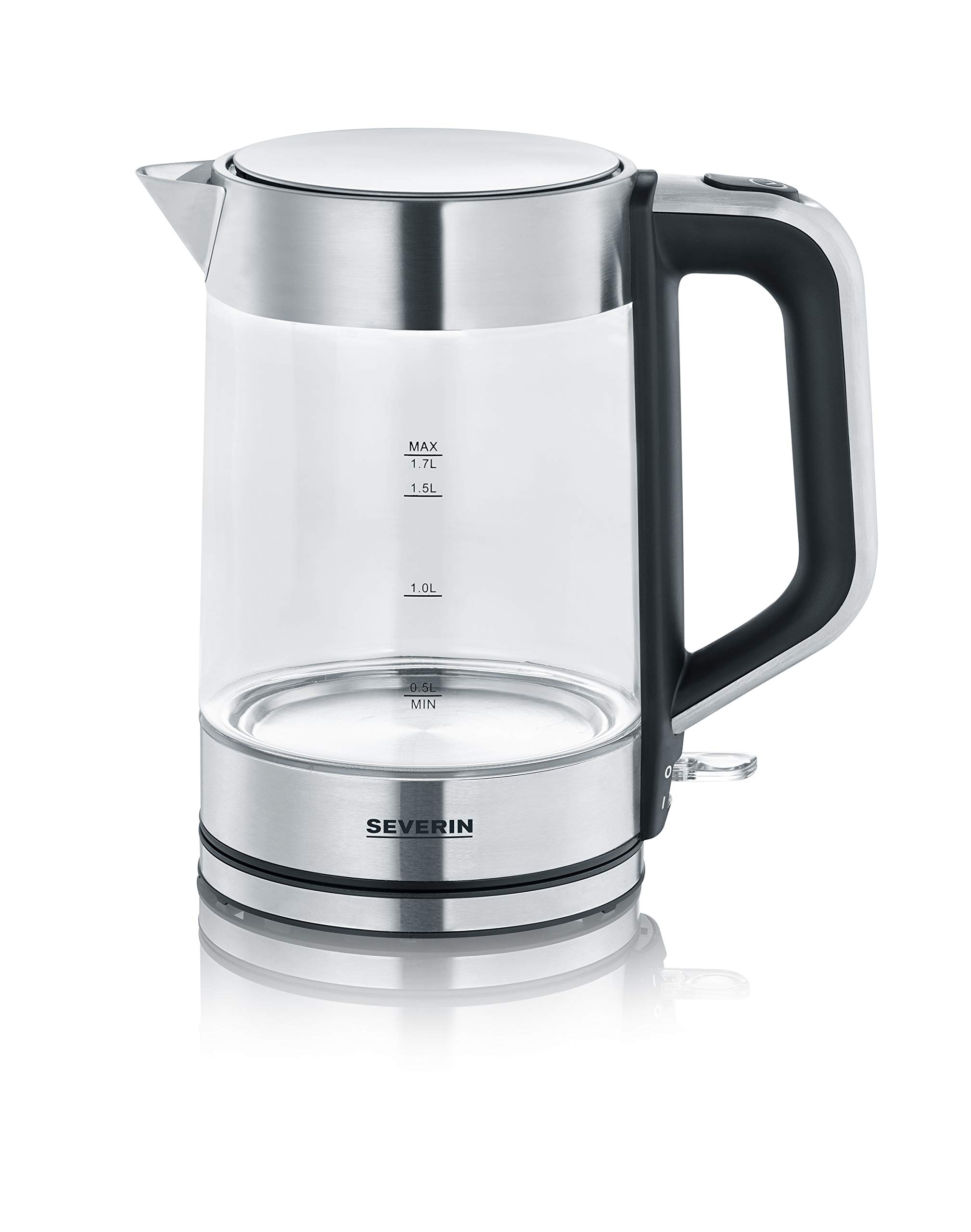 Severin Wasserkocher, Glas, Edelstahl, kompakt und leistungsstark, 1-Hand-Bedienung, leichte Reinigung, herausnehmbarer Kalkfilter, 1,7 L, 100 Prozent BPA-frei, 2200 W, WK 3420 1,7L Angebot bei HelloDeals