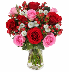 Blumenstrauß "Liebeszauber", Rosaroter Rosenstrauß, Rosen, Waxflowers und Johanniskraut, 7-Tage-Frischegarantie, Qualität vom Floristen, handgebunden, perfekte Geschenkidee Liebeszauber (Rosarot) Angebot bei HelloDeals