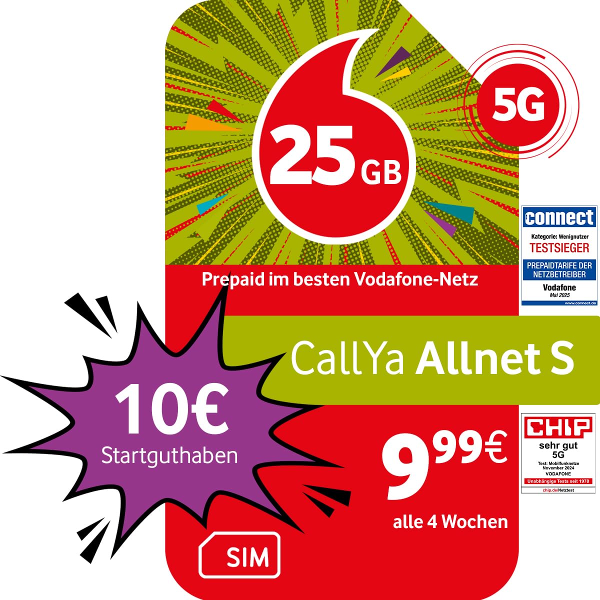 Vodafone Prepaid CallYa S | 25 GB | 10 EUR Startguthaben | ohne Vertrag | 5G-Netz | Telefon- SMS-Flat | EU-Roaming 1 Monat Angebot bei HelloDeals