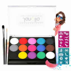 Janolia Gesichtsfarbe, Body Painting Kinderschminke Set mit 15 Farben, Halloween Gesichtsbemalung Professionelle Palette mit Bürste, Waschbar, Perfekt Körperbemalung für Halloween Ostern Themenpartys Irisierend Thema Angebot bei HelloDeals
