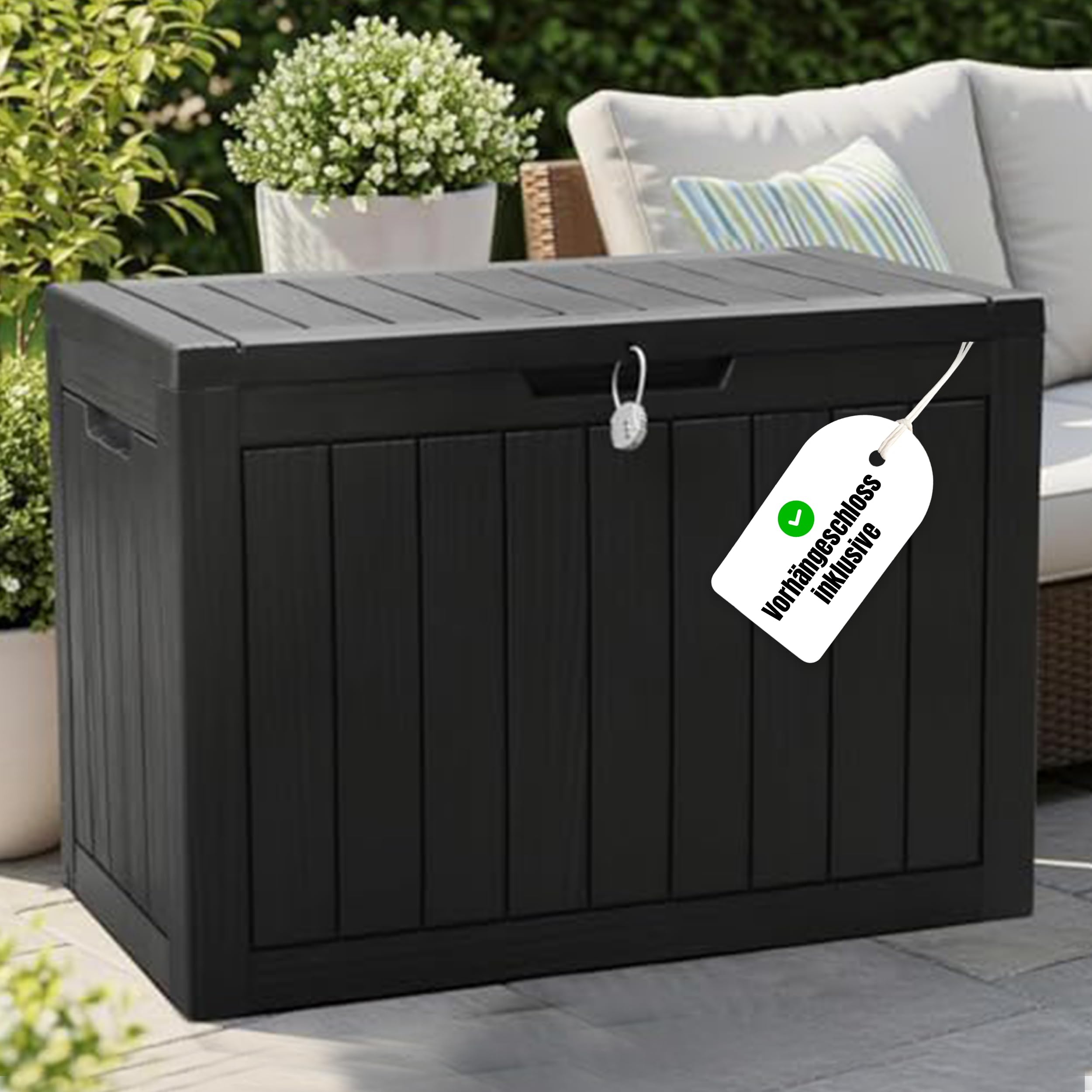 Olsen & Smith 170 Liter Verschließbare Klein Aufbewahrungsbox für Garten Auflagenbox Kissenbox Outdoor Gartentruhe aus Kunststoff Wetterbeständig Wasserdicht für Gartengeräte & Kinderspielzeug Schwarz 170L Angebot bei HelloDeals