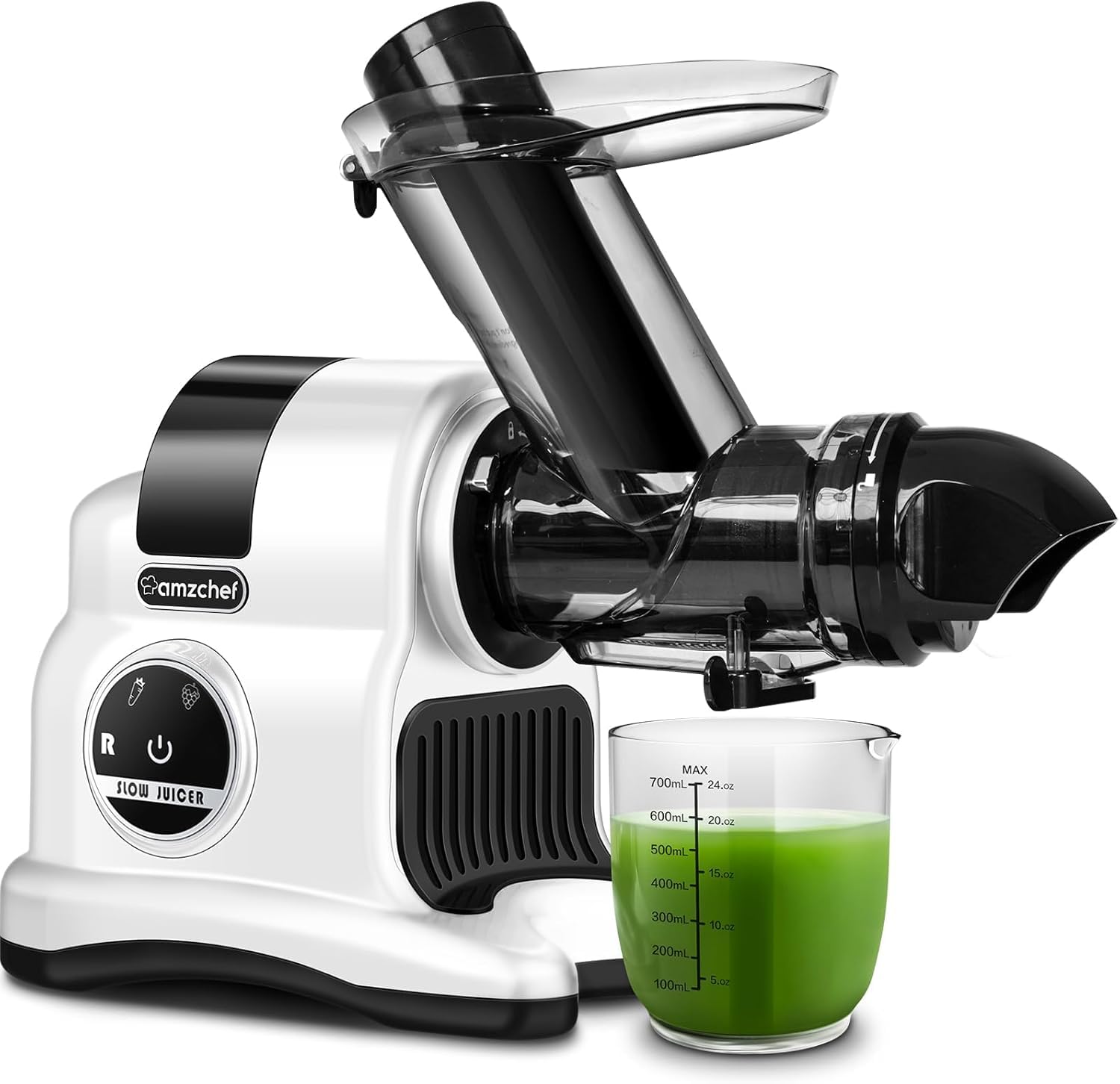 AMZCHEF Entsafter mit großem 80MM Einfüllschacht - 150 Watt Slow Juicer mit 2 Geschwindigkeitsstufen und Rücklauffunktion - Gewinner des entsafter-Tests für ganzes Obst und Gemüse - Farbe weiß Weiß 55,8T x 30,5B x 22,5H cm Angebot bei HelloDeals