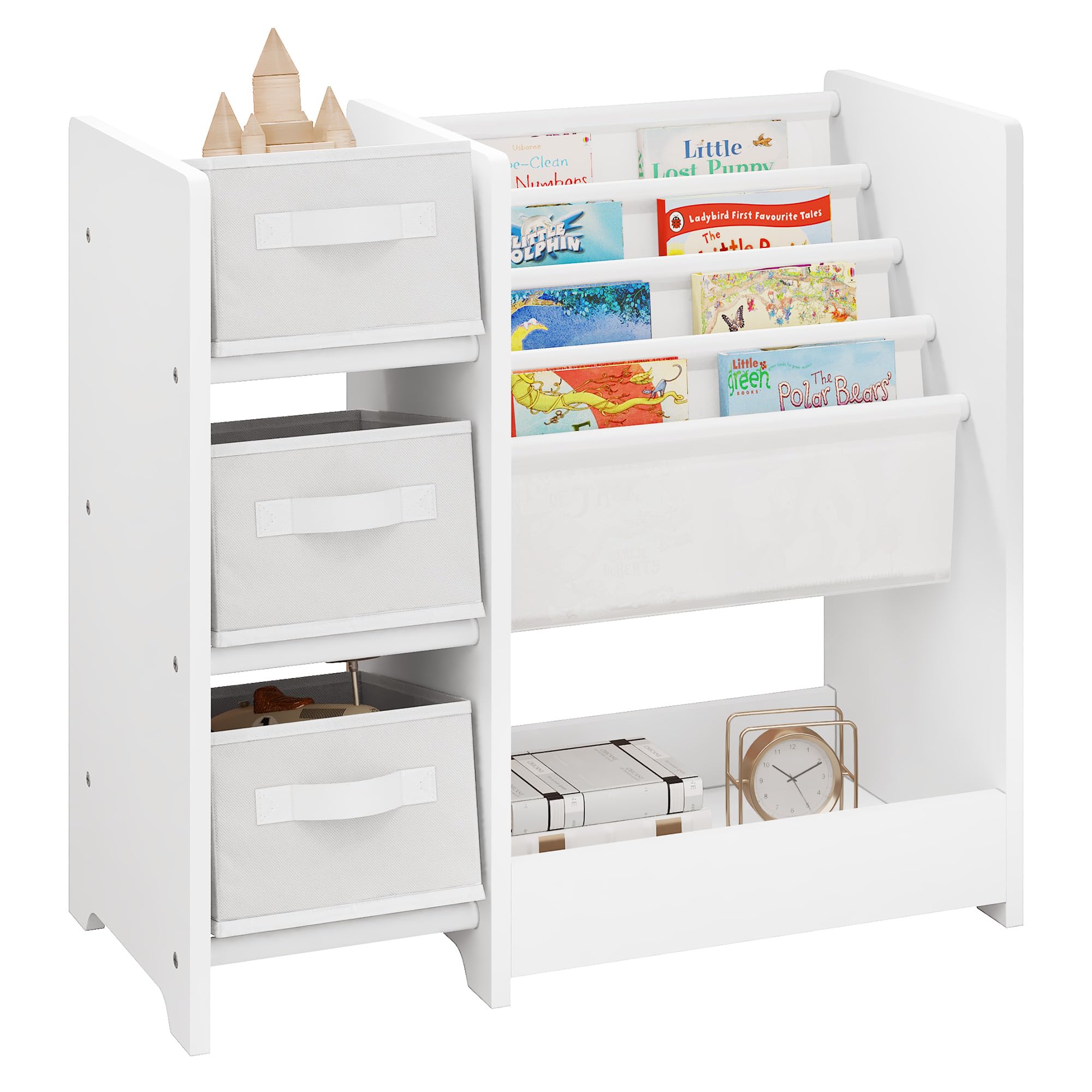 Lestarain Kinderzimmerregal, Spielzeug-Organizer, Regal für Kinderzimmer Spielzimmer, mit 3 Aufbewahrungsboxen 4 Hängefächern 1 Fach, aus Massivholz MDF, Weiß, 65x60x30 cm (BxHxT) Angebot bei HelloDeals