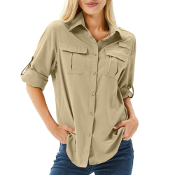 Hemdbluse Damen UPF 50 UV Schutz Langarmshirt Damen Outdoor Wanderhemd Safari Kleidung Damen Atmungsaktiv Quick Dry Casual Tops Sport Oberteile XL Khaki Angebot bei HelloDeals
