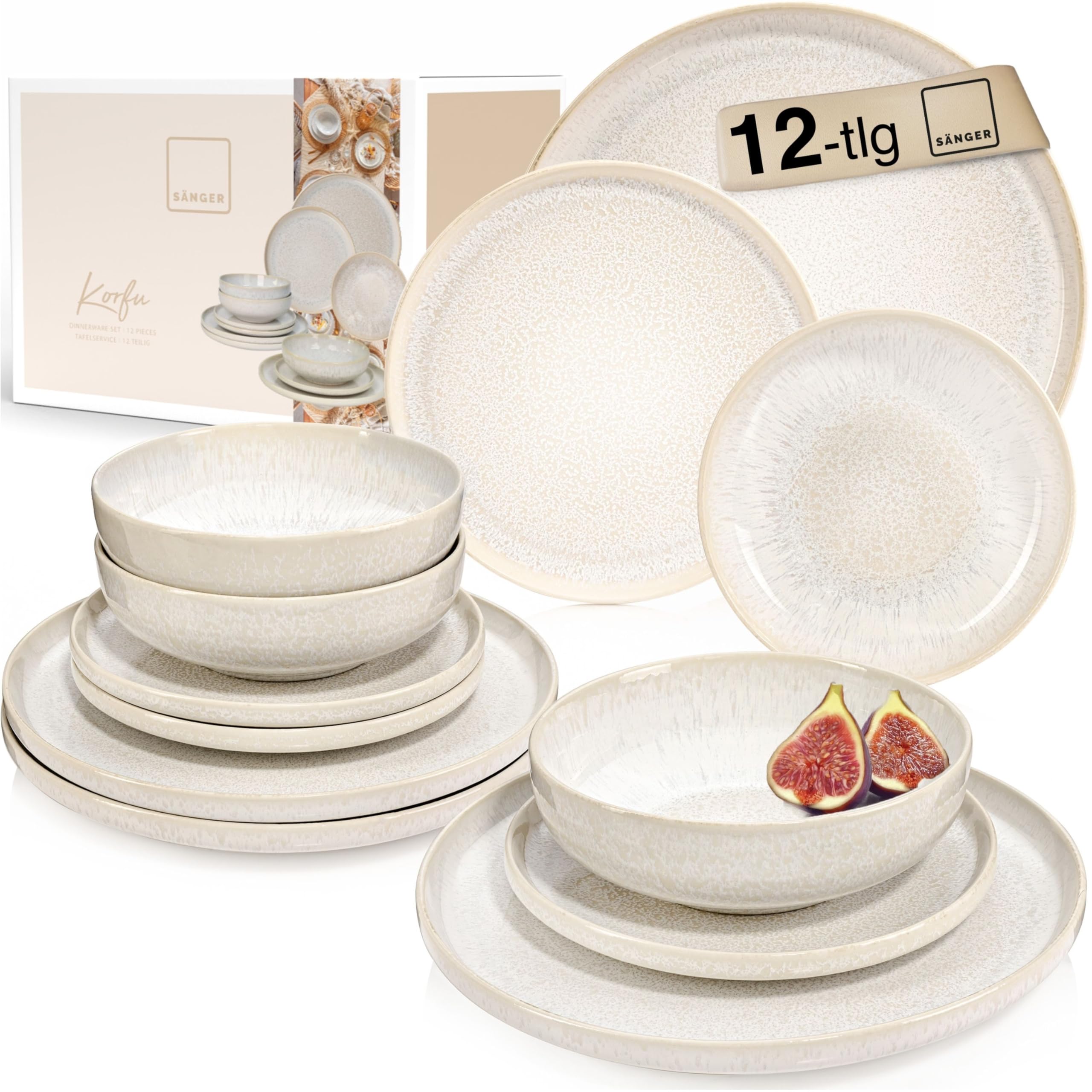SÄNGER | Geschirrset Korfu 12 tlg für 4 Personen, Steingut Geschirr Handmade TEST SEHR GUT, Teller Set Ess- & Dessertteller Tiefe Teller Set Creme mit Sandiger Maserung | PREMIUM COLLECTION Korfu Tafelservice 12 tlg Angebot bei HelloDeals