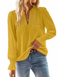 Langarmshirt Damen Herbst Boho Top Oberteile Fließend Elegant V-Ausschnitt T Shirt Süß Lässig Outfits Frühling Winter Longshirt Spitze Kleidung Paspel Volant Gelb S Angebot bei HelloDeals