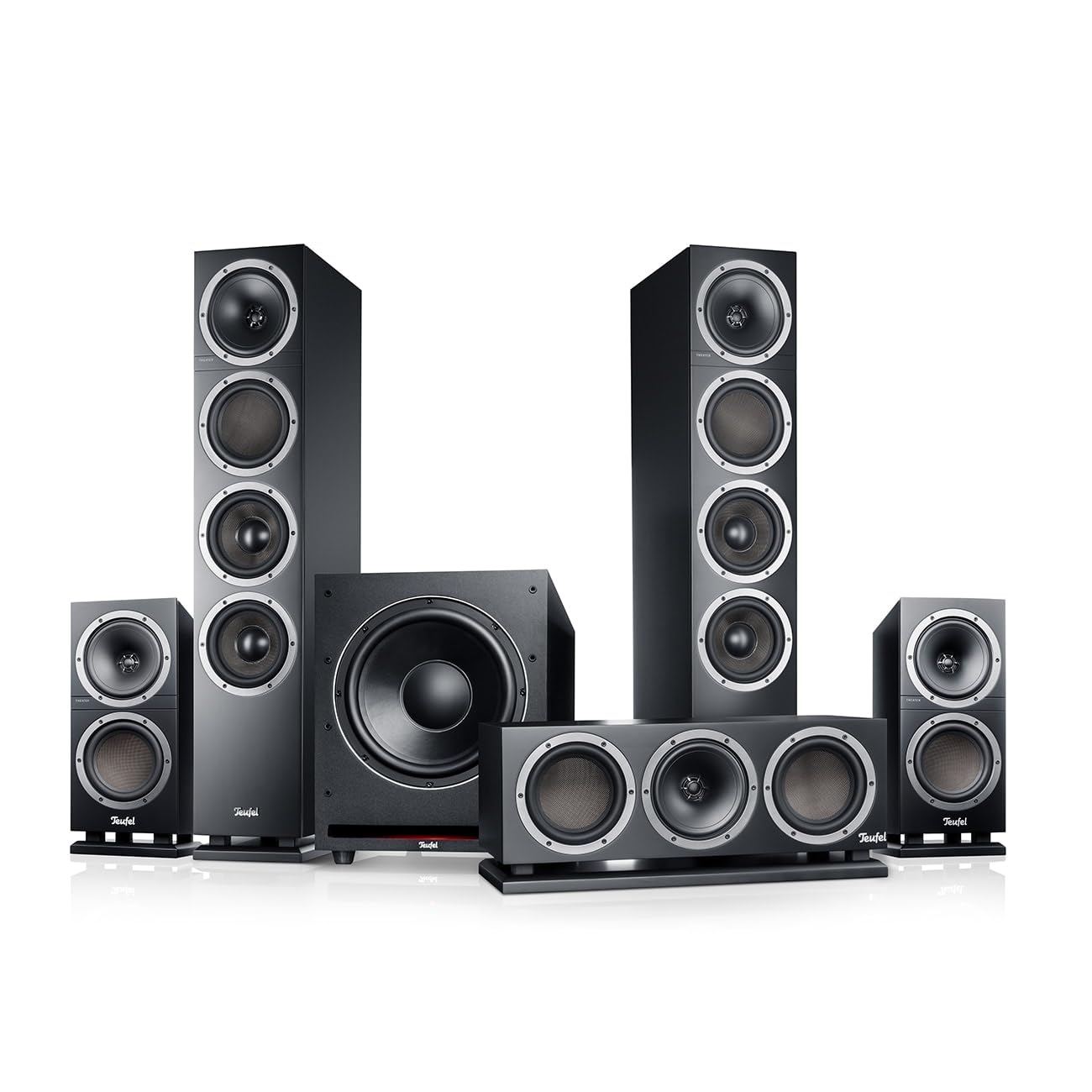 Teufel Theater 500 Surround Direkt 5.1 Heimkino-Set - Kinoatmosphäre Surround Sound System, Mächtiger Subwoofer, Allrounder für Musik und Filmton sowie eine präzise Ortung bei Games - schwarz Angebot bei HelloDeals