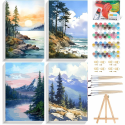 GOUGOUFAFA 4 Stück Malen Nach Zahlen Erwachsene- Landschaft Malen nach Zahlen Diy Erwachsene Mit Holzrahmen Holzstaffelei, Acrylfarbe Leinwand und 12 Pinsel Kit Geschenk Home Haus Deko(20×30cm) 4 Stüick Landschaft 02 Angebot bei HelloDeals