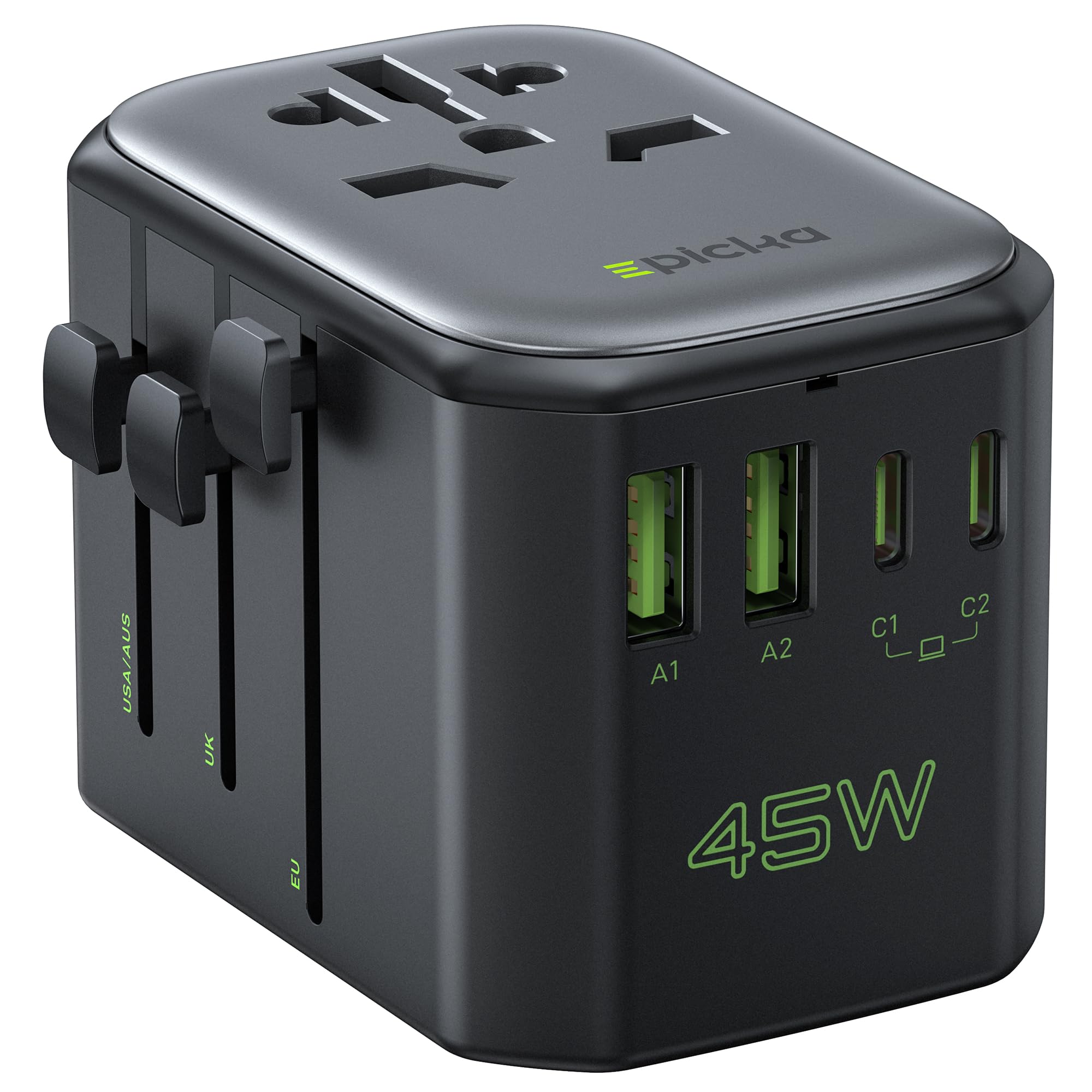 EPICKA Reiseadapter Weltweit,45W PD Fast Charge Universal Reisestecker Adapter mit 2 USB und 2 USB C, Travel Adapter für Europa USA Japan Korea Thailand Australien, Schwarz Angebot bei HelloDeals