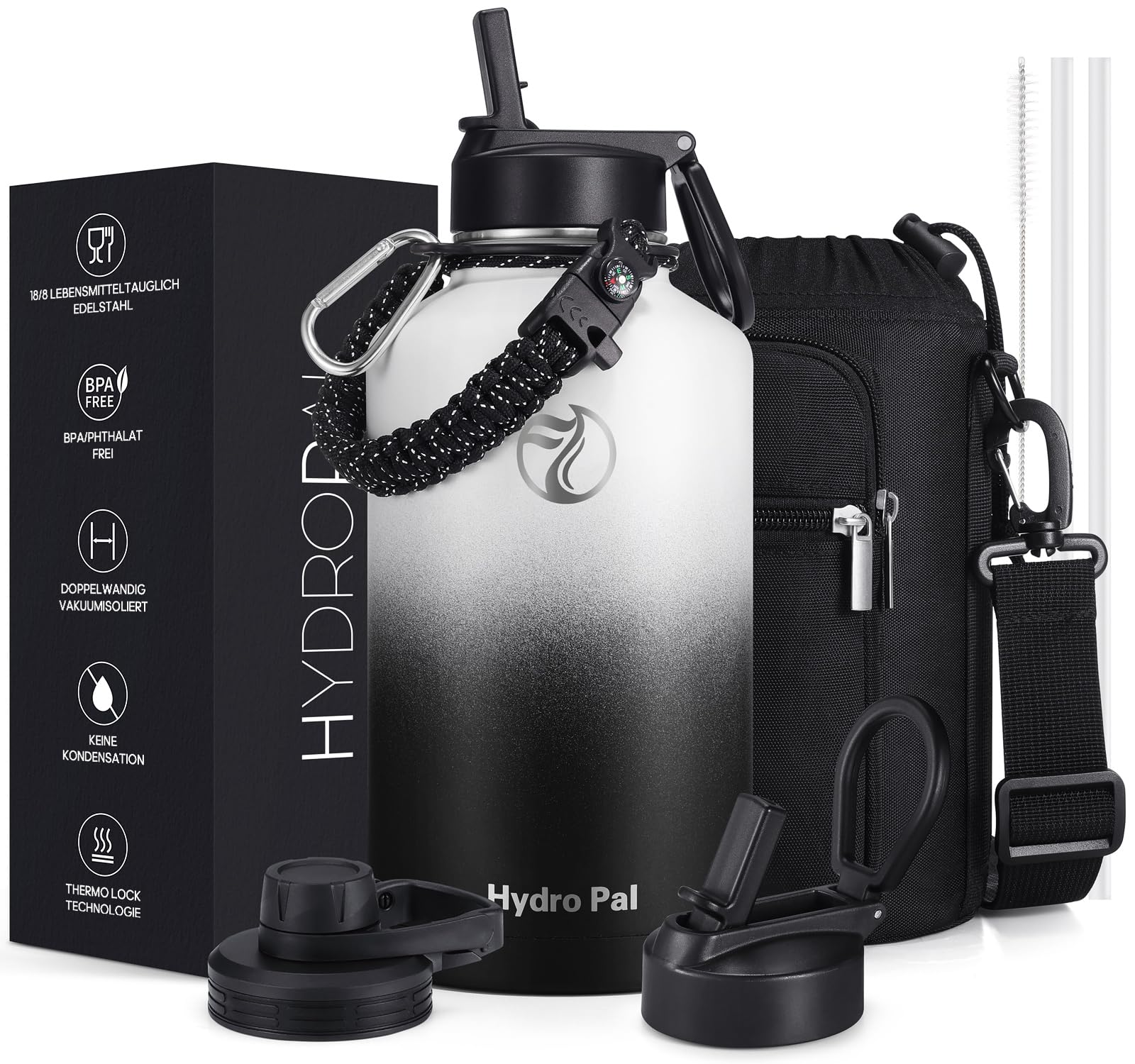 HydroPal Edelstahl Trinkflasche - 750ml/ 1L/1.2L/1.9L, BPA-Frei, Kohlensäure geeignet, Isolierte flasche mit Strohhalm & 2 Deckel Weiß/Schwarz-mit Bechermanschette 1900 ml Angebot bei HelloDeals