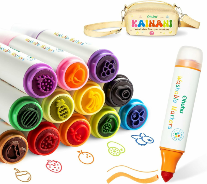 Ohuhu Filzstifte Kinder Auswaschbar mit Stempelstifte - 12 Farben Marker | Wasserbasierte ungiftige Fasermaler Kinder Extra dicker Griff | Mit kindgerechter Spaß-Tasche | Malstifte Ab 3 Jahre Angebot bei HelloDeals