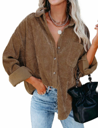 Cordhemd Damen Bluse Langarm Cordbluse Lässiges Hemdbluse Oversized Cordjacke Button Down Corduroy Bluse Casual Cord Hemd mit Tasche L Braun Angebot bei HelloDeals