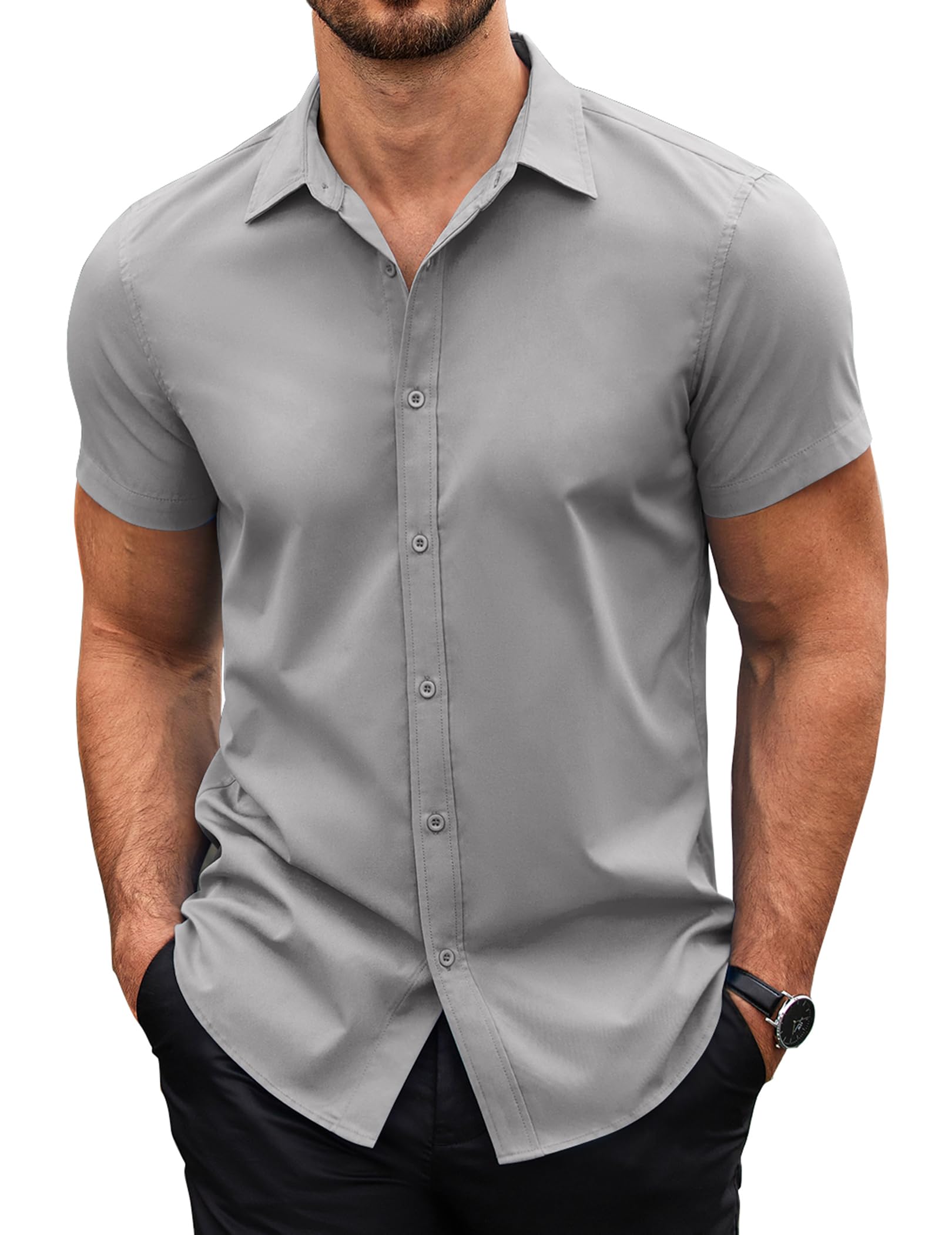 COOFANDY Herren Hemd Kurzarm Freizeithemd Bügelleichte Businesshemd Sommerhemd Regular Fit Kurzarmhemd Basic Shirt XS-4XL Grau M Angebot bei HelloDeals