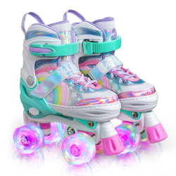 SULIFEEL Rainbow Unicorn Verstellbare Rollschuhe für Kinder mit leuchtenden Rädern für Mädchen und Jungen Grün S (28-31 EU / 170-190 mm) Angebot bei HelloDeals