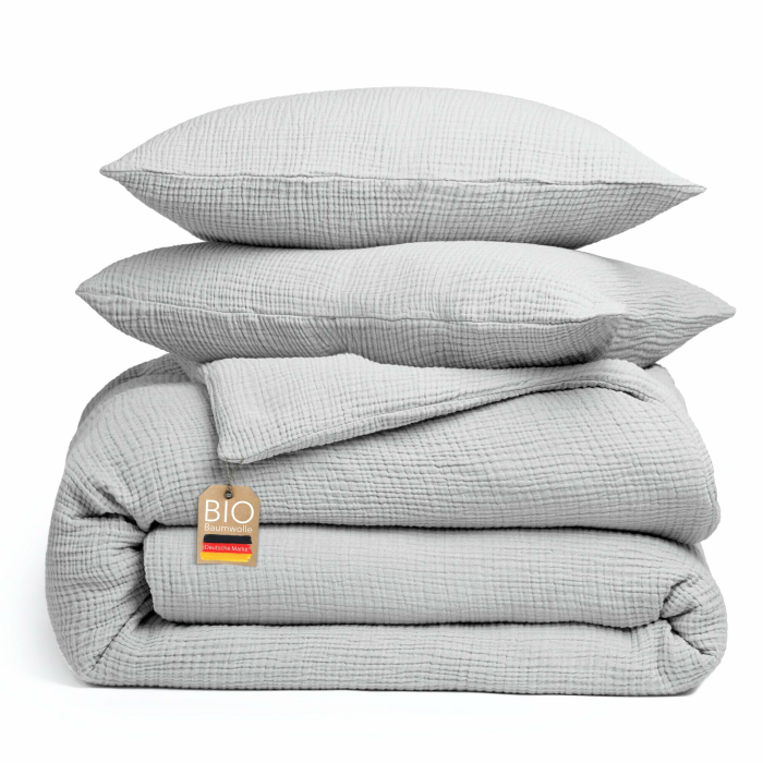 Bio Musselin Bettwäsche Set (Hellgrau, 155x220 cm +1x Kissen 80x80 cm) Hellgrau 155x220 cm Angebot bei HelloDeals
