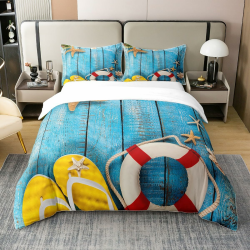 Ozean Themed 100% Baumwolle Bettbezug 135x200,Rustikale Bauernhaus Tröster Abdeckung,Küsten Lodge Kabine Bettwäsche,Seesterne Seashell Quilt Cover,Life Boje Flip Flops Bedruckt Bett mit 1 Kissenbezug Multi 15 135*200+80*80*1 Angebot bei HelloDeals
