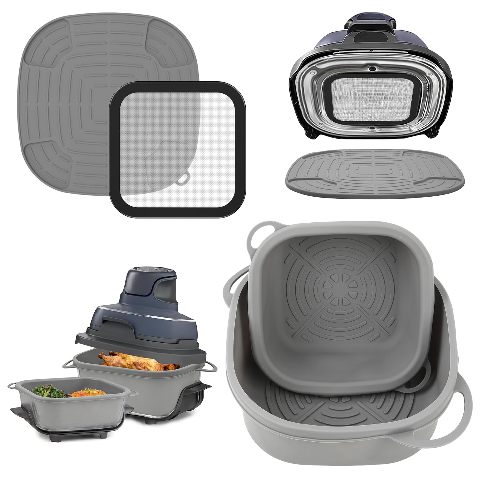 Airfryer Zubehör für Ninja CRISPi FN101EU: Komplett-Set mit 2x Silikonform + 1x Edelstahl Spritzschutz + 1x Hitzebeständige Unterlage für Ninja Heißluftfritteuse FN101EUGY, FN101EUST und FN101EUSG Silber, Grau Angebot bei HelloDeals