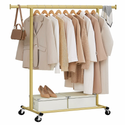 SONGMICS Kleiderständer auf Rollen, Schwerlast-Garderobenständer, ausziehbare Kleiderstange, bis 100 kg belastbar, einfache Montage, transportabel, blassgold HSR013A01 Blassgold (92-132)B cm Angebot bei HelloDeals