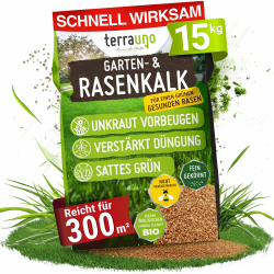 TerraUno Rasenkalk Frühjahr & Herbst, bei Moos und Unkraut im Rasen, verstärkt die Düngung, verbessert pH-Wert & Bodenstruktur, 15kg für 300m², extra fein, ideal für Streuwagen, tierfreundlich 15 Kg Angebot bei HelloDeals
