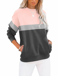 Sweatshirt Damen Pullover Elegant Rundhals Farbblock Damen Oberteile Locker Langarmshirt Taschen T-Shirt Rose Grau XL Angebot bei HelloDeals