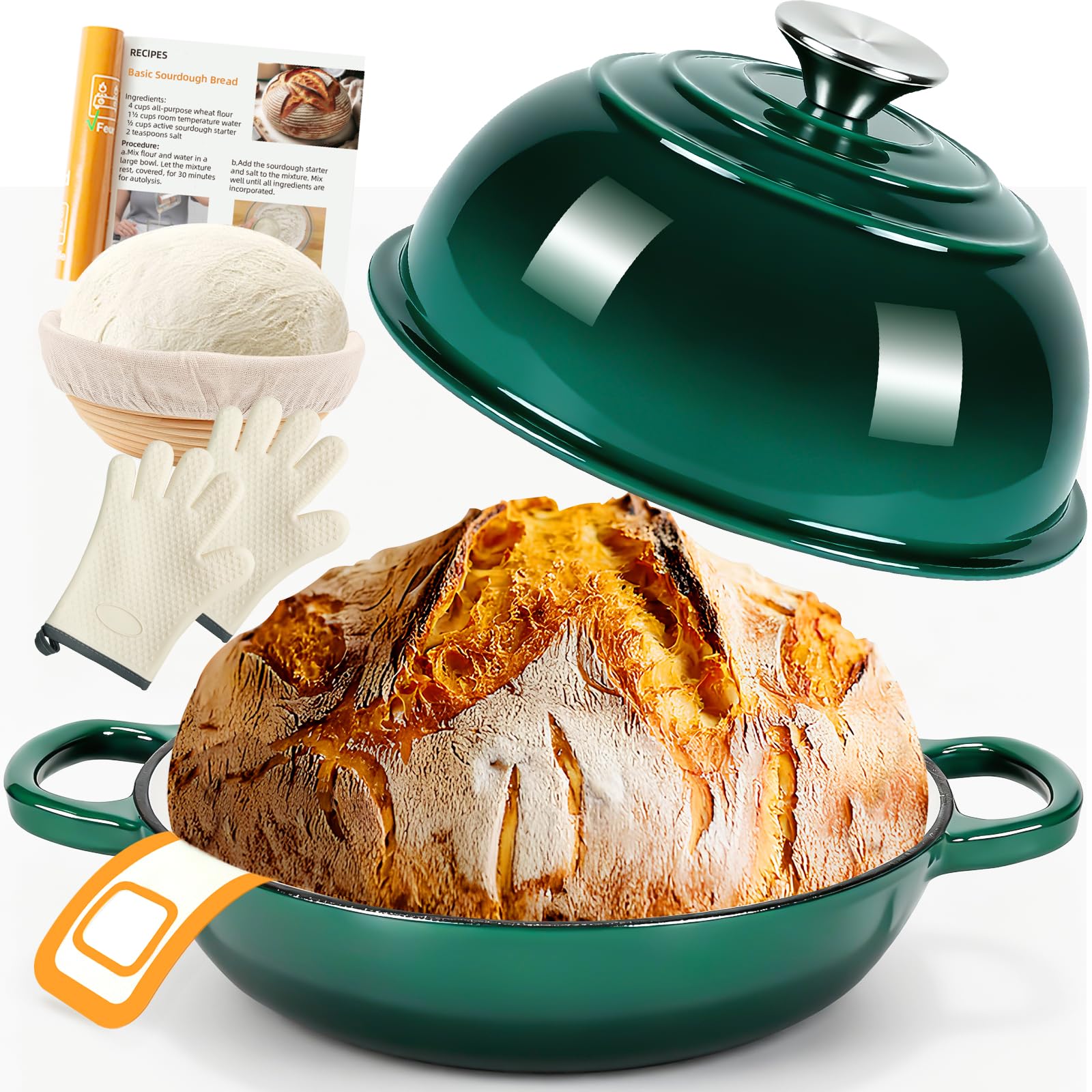 Gusseisen Topf Brot Backen,5,7L Bräter Emaille Schmortopf mit Deckel und Griffen,26 cm Dutch Oven,Brotbacktopf mit Gärkorb,Schmortopf Gusseisen Topf für Küche Backen Schmoren & Braten (Grün) Angebot bei HelloDeals