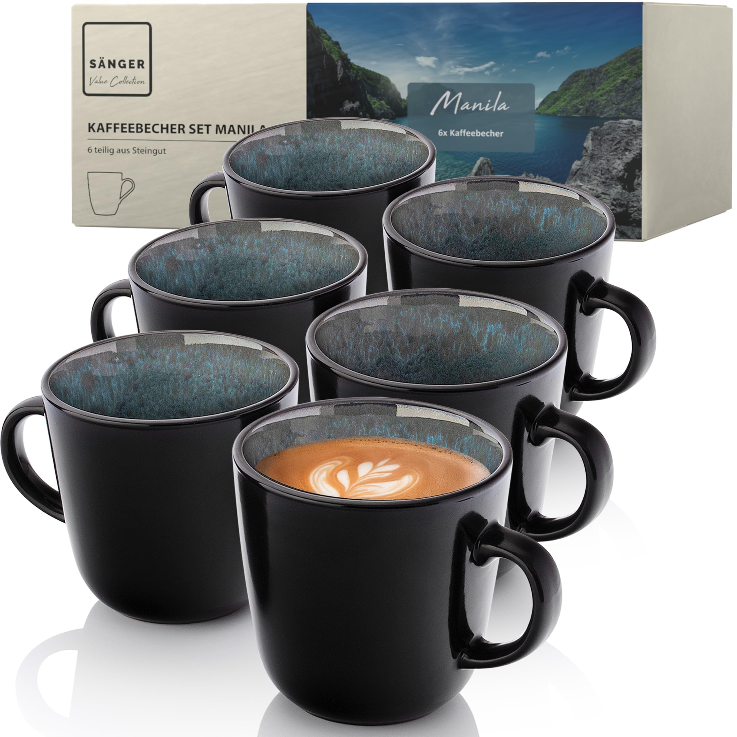 Sänger Manila | Kaffeebecher 6 Personen, Steingut Kaffeetassen Set 6er, Tassen Set Teetasse Set spülmaschinenfest mikrowellenfest, Coffee Mug blau mit schwarzem Rand 400 ml | VALUE COLLECTION Manila Kaffeebecher 6 tlg. Angebot bei HelloDeals