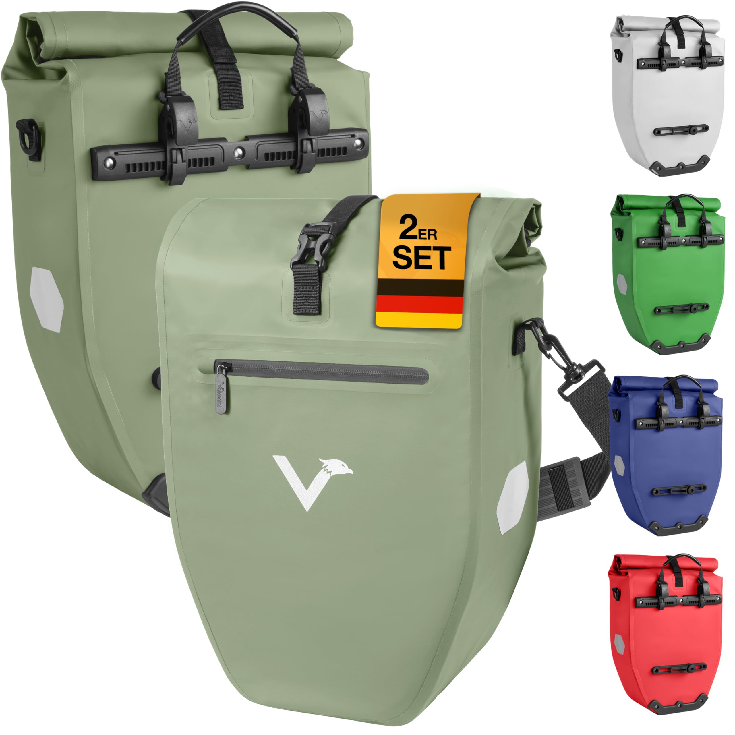 Valkental - Große & wasserdichte Gepäckträgertasche - 28L Füllvolumen - Fahrradtasche für Gepäckträger mit Reflektoren in Natur Grün 28L Spar-Bundle Natur Grün Angebot bei HelloDeals