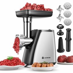 AAOBOSI Fleischwolf, 3-in-1 Elektrischer Fleischwolf [2800 W max] mit 2 Klingen, 3 Platten, Wurstfüller, Kubbe-Kit, für den Hausgebrauch, Edelstahl Ohne Schneidezubehör Edelstahl Angebot bei HelloDeals
