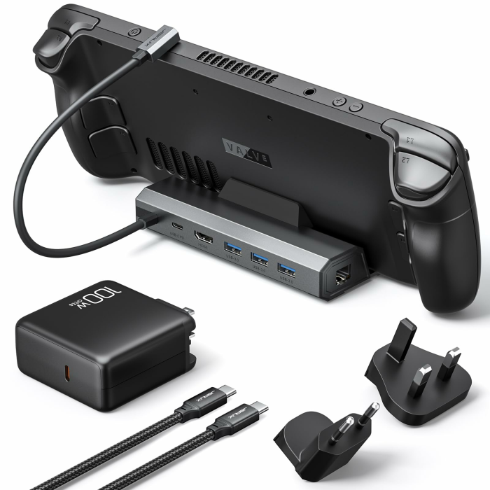 JSAUX 4K@120Hz Dockingstation und 100W Ladegerät, kompatibel mit ROG Ally X/Steam Deck/Legion Go (S), 6-in-1 Dock mit HDMI, Gigabit-Ethernet, 3 USB 3.0-Anschlüssen und 100W Schnellladung – HB0603 6-in-1 Dock Grey with 100W Ladegerät Angebot bei HelloDeals
