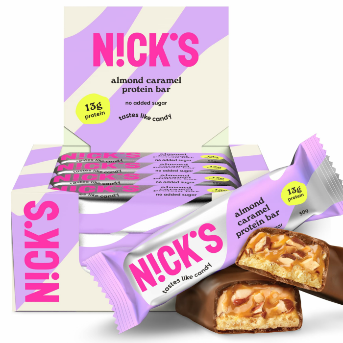 NICKS Protein Riegel ohne Zuckerzusatz – Mandel Karamell – 13g Eiweiß 26% – 201 Kalorien – Low Carb Keto Proteinriegel mit Ballaststoffen & Kollagen – Glutenfrei, Gesunde Snack ohne Palmöl 12x50g Almond caramel 12 x 50 g Angebot bei HelloDeals