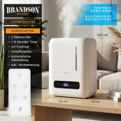 Brandson - Luftbefeuchter 4 Liter mit Fernbedienung - Ultraschall - Display digital – 3 Nebelstufen - Aromafach - Entkeimungsfunktion - Schlafmodus - Schlafzimmer Kinderzimmer Angebot bei HelloDeals