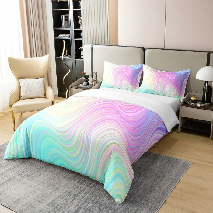 100% Baumwolle Pastell Regenbogen Bettwäsche Set 200x200 Abstrakte Wellen Streifen Bettbezug Helle Türkis Blau Rosa Lila Marmor Trendy Tröster Abdeckung Psychedelic Frauen Quilt Cover Zimmer Dekor Multi 23 200*200+80*80*2 Angebot bei HelloDeals