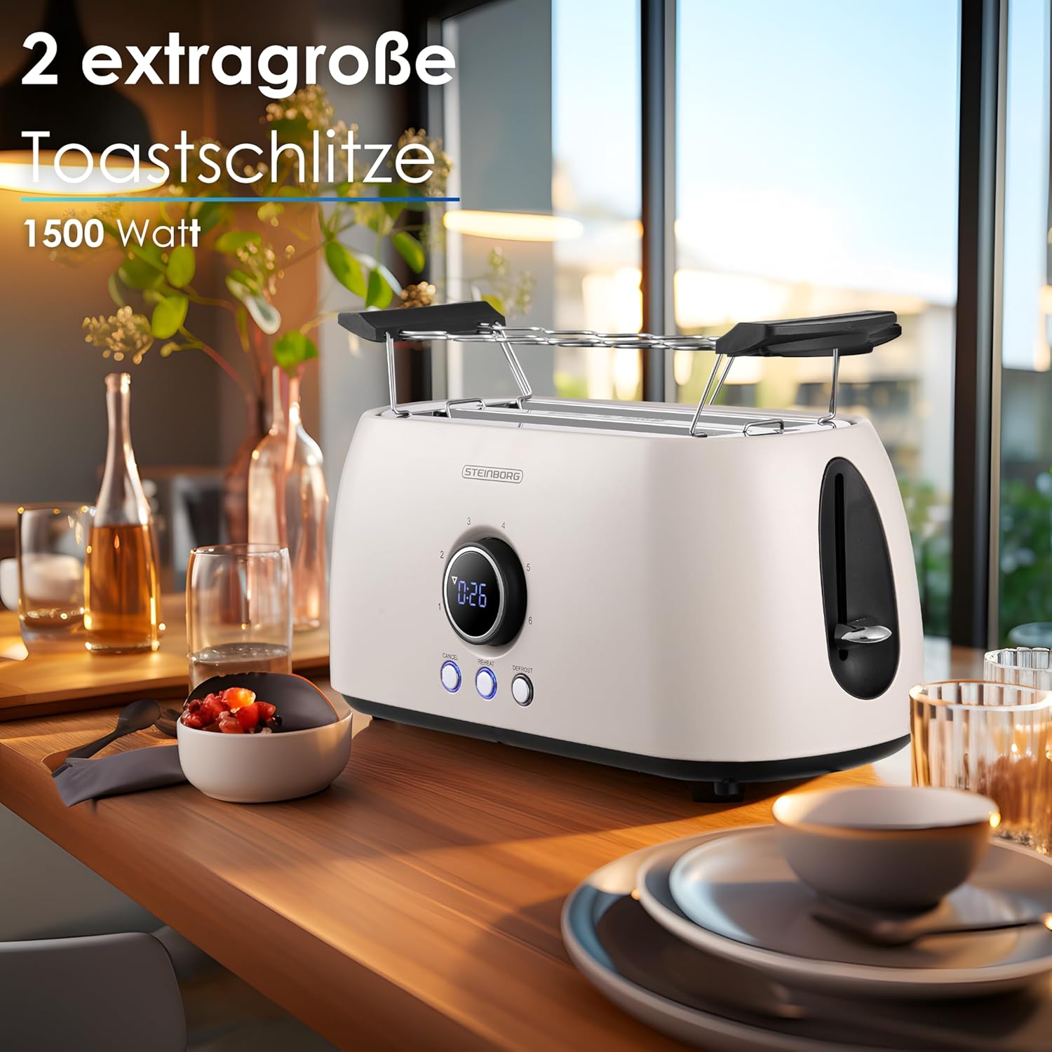 Steinborg Toaster 4 Scheiben mit Brötchenaufsatz Langschlitztoaster Toastautomat Automatische Abschaltung Doppelschlitztoaster Familientoaster Toastgerät LED Display mit Restzeitanzeige (Bulgur Beige) Angebot bei HelloDeals