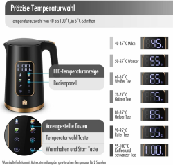 ForMe Edelstahl Wasserkocher 1,7 L mit Temperatureinstellung Temperaturwahl 40-100°C I LED Digitale Temperaturanzeige I Temperatur Einstellbar Kessel I Teekanne Teekessel Warmhaltefunktion I BPA Frei Schwarz 6017 Angebot bei HelloDeals