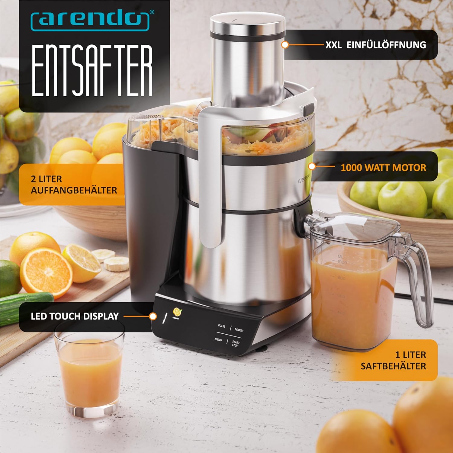 Arendo - Entsafter digital mit Display - 1 Liter – 1000 Watt – XXL Einfüllschacht – LED Display - Farbsymbole – Tropfschutz – Pulsfunktion - für Gemüse und Obst - Sicherheitsverriegelung - inkl. Saftb Angebot bei HelloDeals