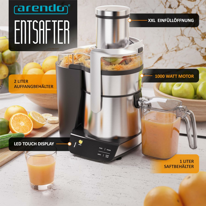 Arendo - Entsafter digital mit Display - 1 Liter – 1000 Watt – XXL Einfüllschacht – LED Display - Farbsymbole – Tropfschutz – Pulsfunktion - für Gemüse und Obst - Sicherheitsverriegelung - inkl. Saftb Angebot bei HelloDeals