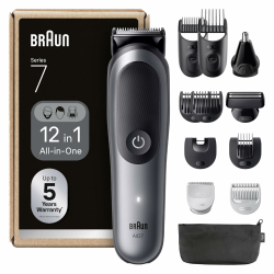 Braun All-in-One Series 7, 12-in-1 Multigroom, Barttrimmer, Nasenhaartrimmer, Haarschneidemaschine für Gesicht, Kopf und Körper, 120 Min Akku, 14 Längen (0.1–21 mm), Wasserdicht, AIO7545, Grau Angebot bei HelloDeals
