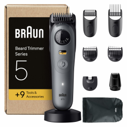 Braun Barttrimmer Series 5, Elektrischer Bartschneider Herren mit 9 Zubehörteile, Ultrascharfe ProBlade Klinge, 120 Min Akkulaufzeit, Kabelloser Bartrasierer, 40 Längen, Wasserdicht, BT5565, Grau +9 Aufsätze Angebot bei HelloDeals