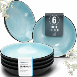 Steingut Suppenteller 6 Pers. Ibiza Hochwertiges Mediterranes TEST SEHR GUT Steingut Tiefe Teller Set - Kratzfest, Für Spülmaschine, Mikrowelle - Pasta Teller Tief Groß - Pure Living in Aquamarin Tiefe Teller (6x) Türkis Angebot bei HelloDeals