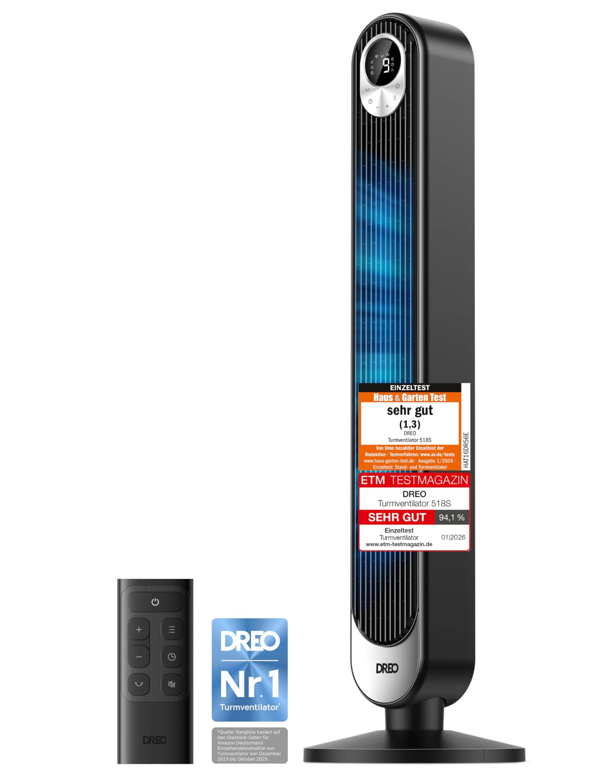 Dreo 20dB DC Motor Turmventilator Leiser, 11M Windentfernung Ventilator mit Kühlung Fernbedienung, 9 Stufen 4 Modi, 90° Oszillierender Stand Ventilatoren für Schlafzimmer, Tower Fan mit 12H Timer Standard Angebot bei HelloDeals