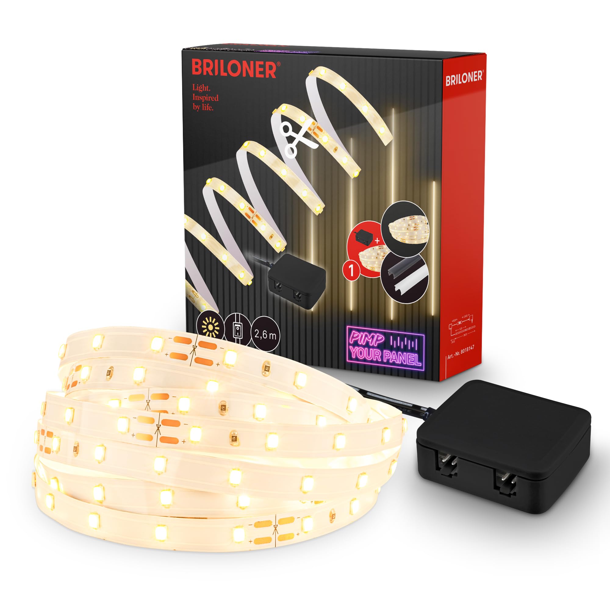 BRILONER - Pimp your Panel LED Strip Starterset, Warmweiß, Kabelschalter, Streifen, Leiste, Zimmer Deko, Band, Zubehör Akustikpaneele, Lichtleiste, Lichtband, 2,6m, Weiß Led - Warmweiß Länge 2,6 Meter Basis-Set Angebot bei HelloDeals