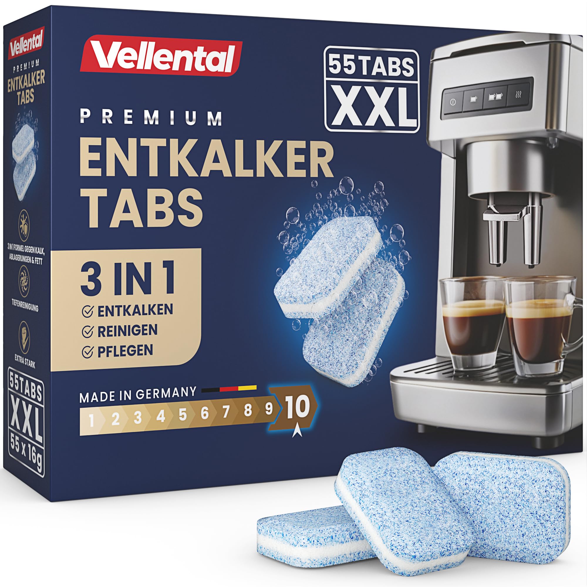3-in-1 Entkalkungstabletten für Kaffeevollautomaten & Kaffeemaschinen (55 Stück) - Entkalkungs-Tabs für Delonghi, Siemens EQ-Serie, Jura, Krups, Bosch, Miele, Melitta, Tassimo, WMF Angebot bei HelloDeals